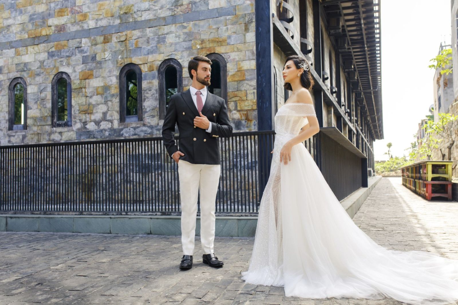 Double Breasted Blazer With White Trousers 